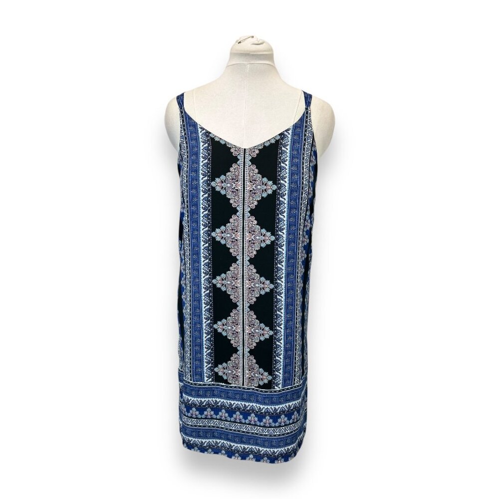 Pink Republic Women’s V-Neck Strappy Mini Shift Dress Tribal Boho Blue/Black L